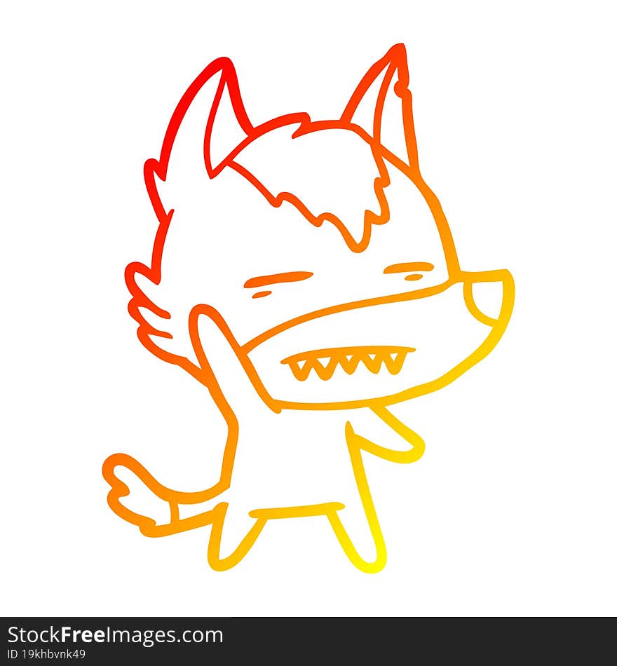 warm gradient line drawing of a cartoon wolf waving showing teeth