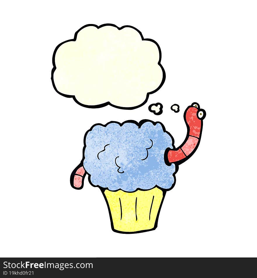 cartoon worm in cupcake with thought bubble