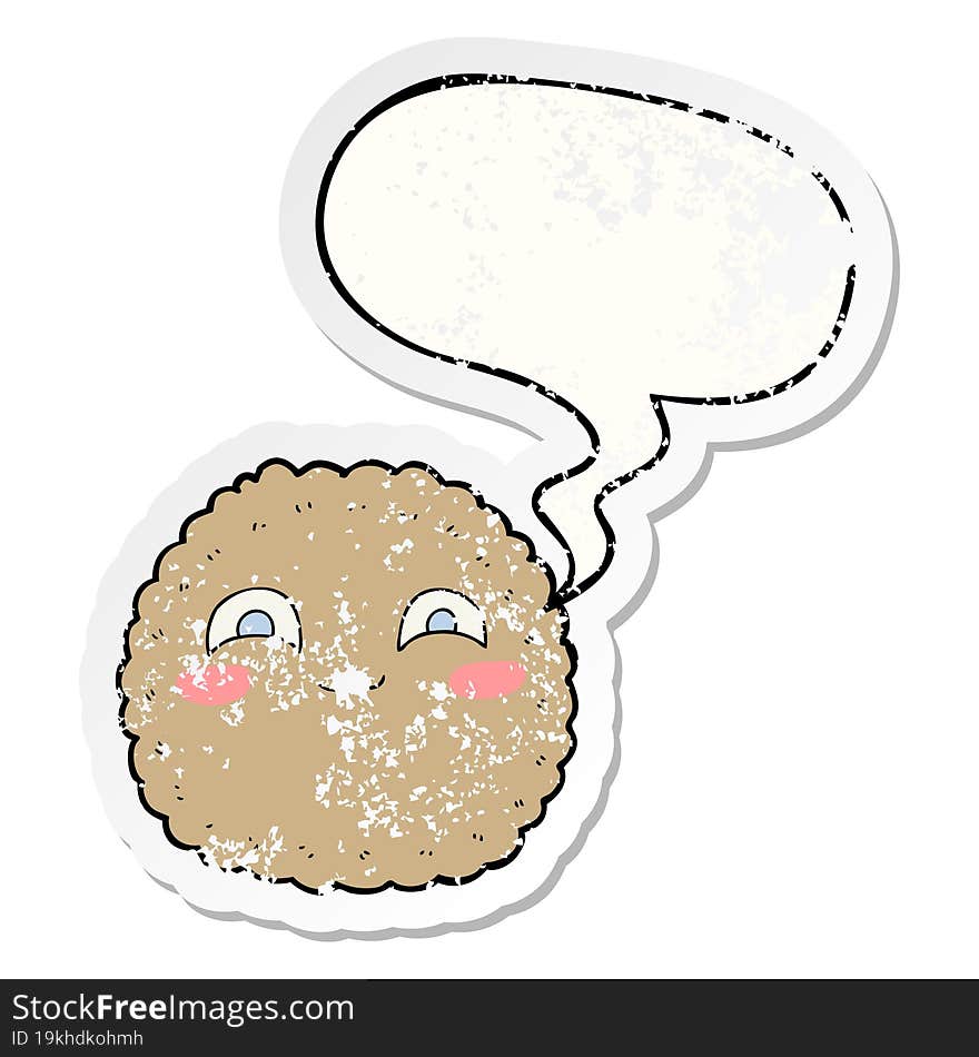 cartoon biscuit and speech bubble distressed sticker