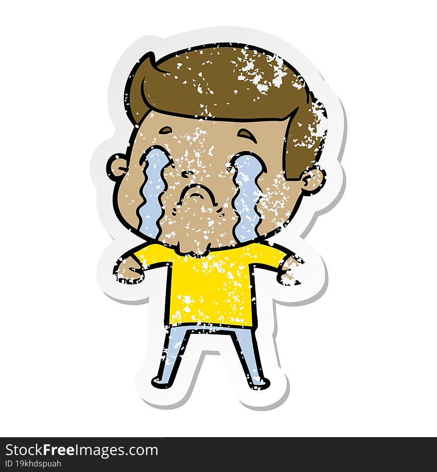 distressed sticker of a cartoon man crying