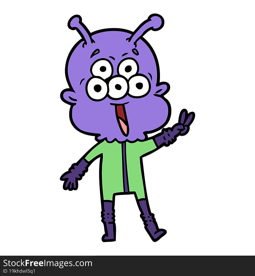 happy cartoon alien waving peace gesture. happy cartoon alien waving peace gesture