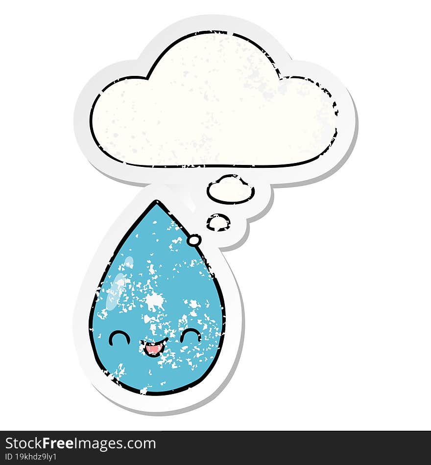 cartoon cute raindrop and thought bubble as a distressed worn sticker