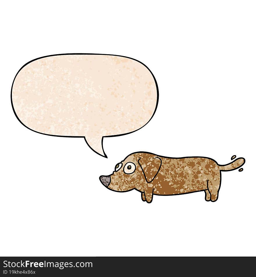 cartoon little dog and speech bubble in retro texture style