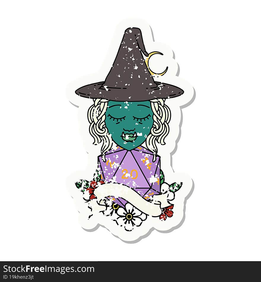 half orc witch character with natural twenty dice roll illustration