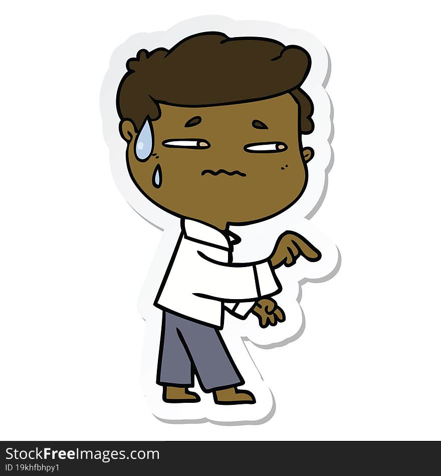 sticker of a cartoon anxious man pointing