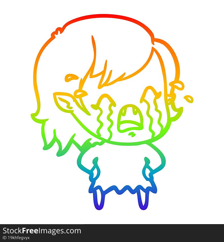 rainbow gradient line drawing cartoon crying vampire girl