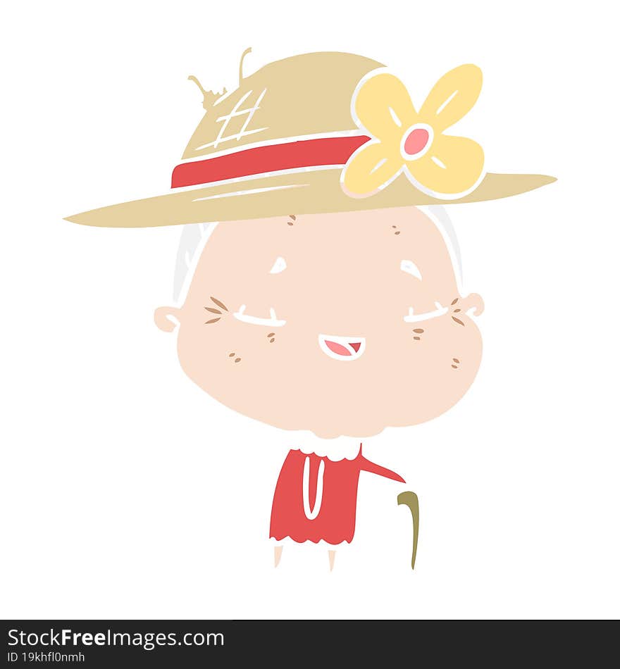 flat color style cartoon old woman with walking stick