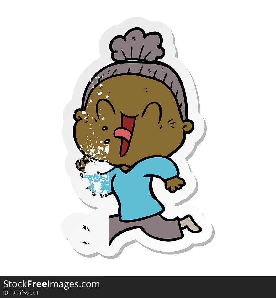 distressed sticker of a cartoon happy old woman