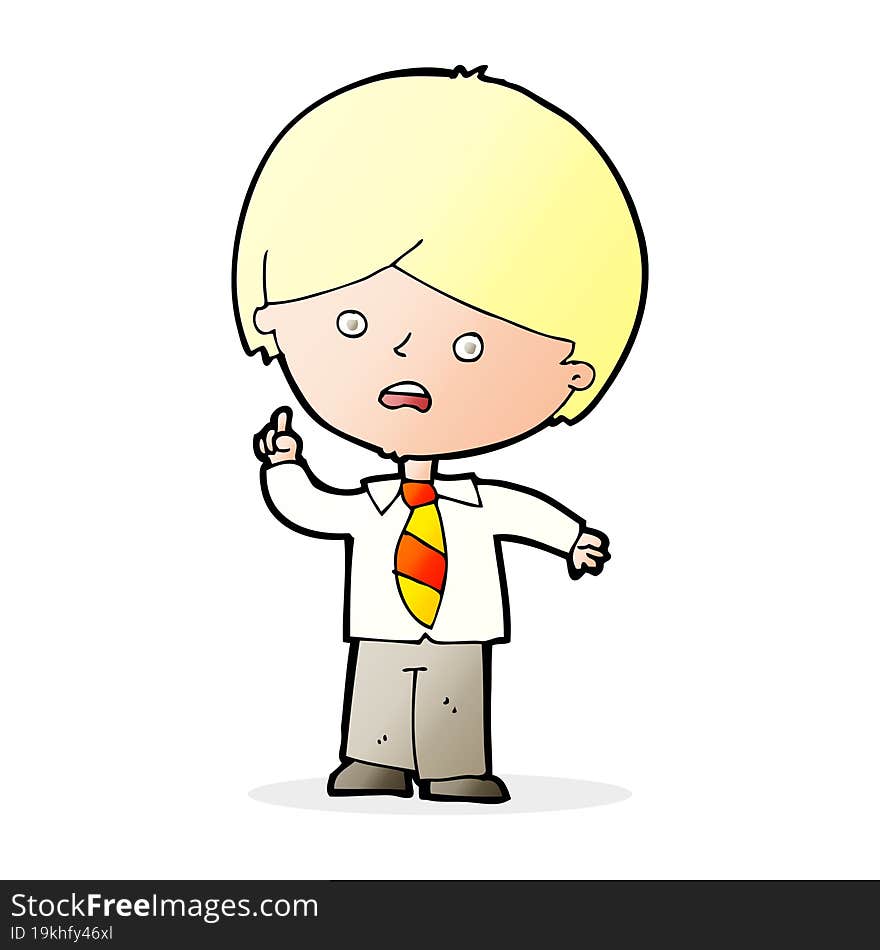 cartoon worried school boy raising hand