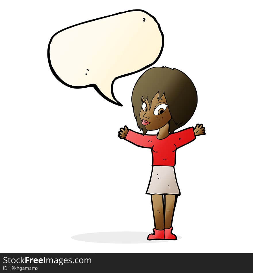 cartoon woman with open arms with speech bubble