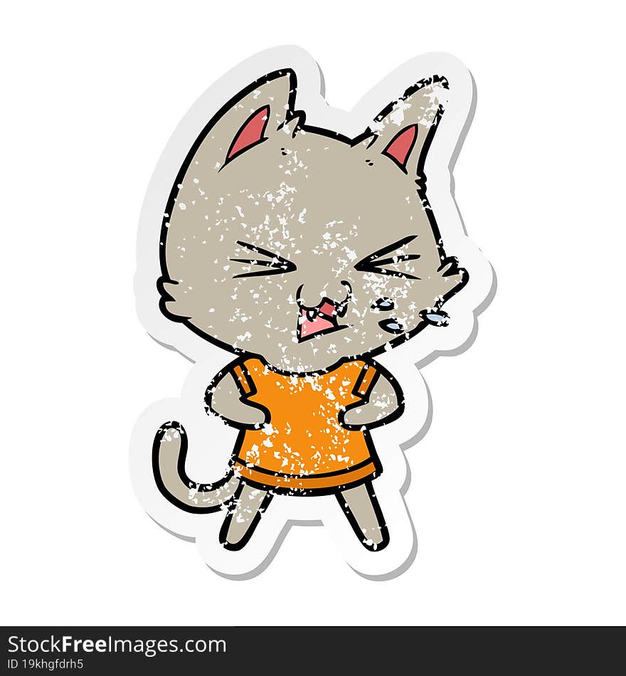 Distressed Sticker Of A Cartoon Cat Hissing