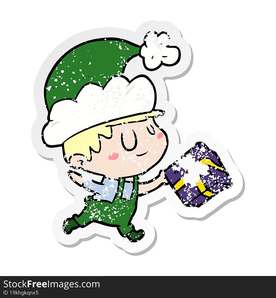 distressed sticker of a cartoon happy christmas elf