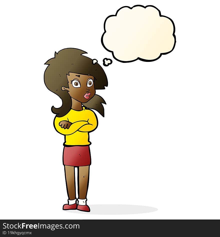 cartoon woman with folded arms with thought bubble