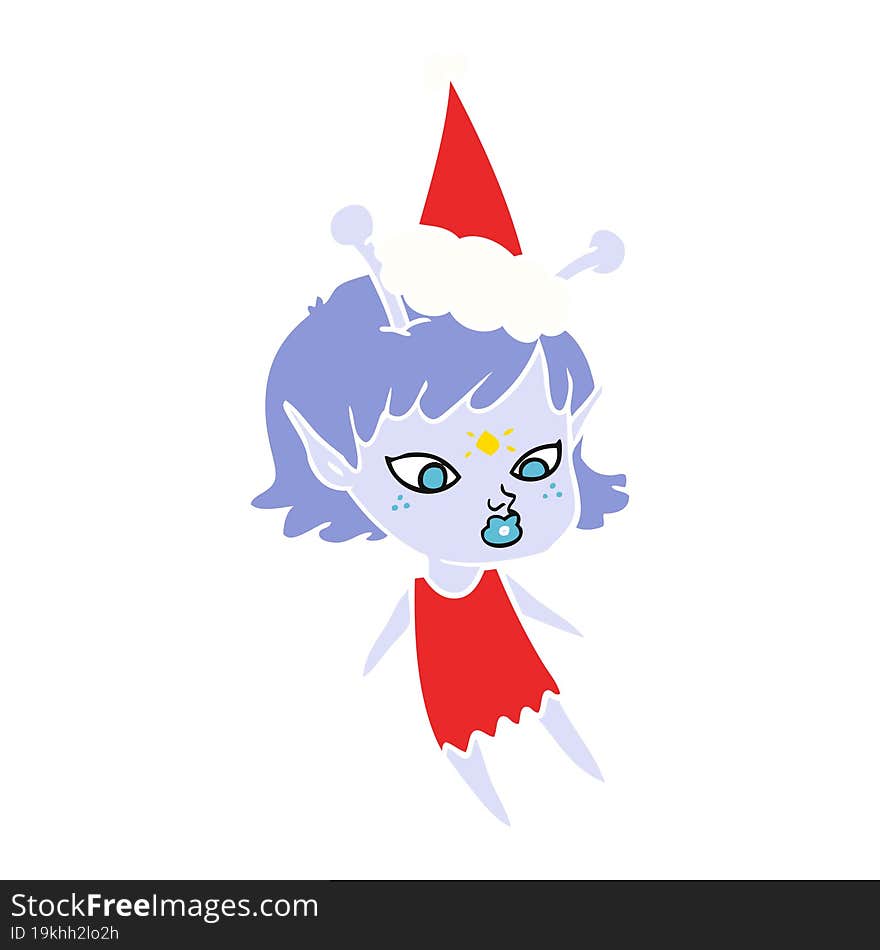 pretty flat color illustration of a alien girl wearing santa hat