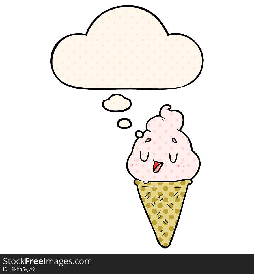 cute cartoon ice cream and thought bubble in comic book style