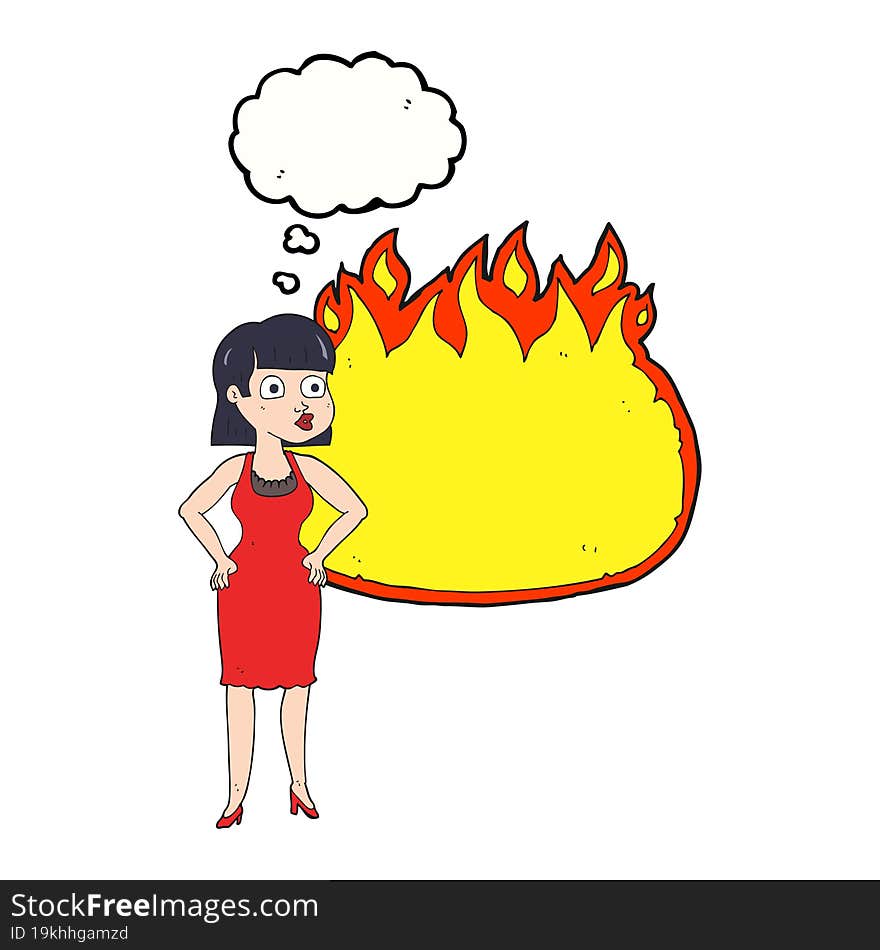 thought bubble cartoon woman in dress with hands on hips and flame banner