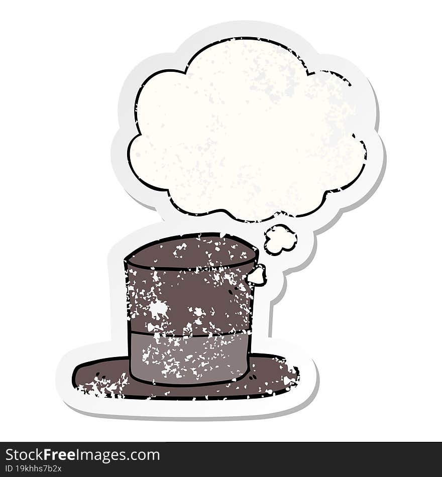 cartoon top hat and thought bubble as a distressed worn sticker