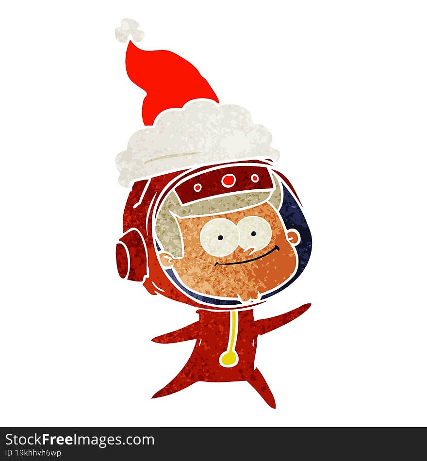 happy astronaut retro cartoon of a wearing santa hat