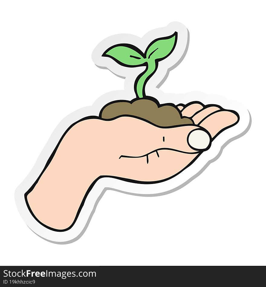 sticker of a cartoon seedling growing held in hand