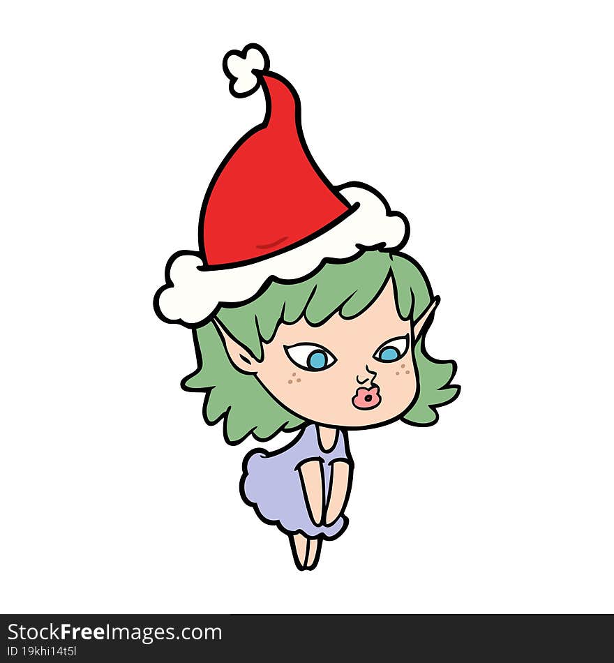 pretty line drawing of a elf girl wearing santa hat