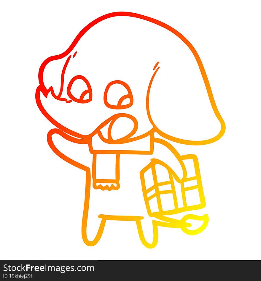 warm gradient line drawing cute cartoon elephant with christmas present