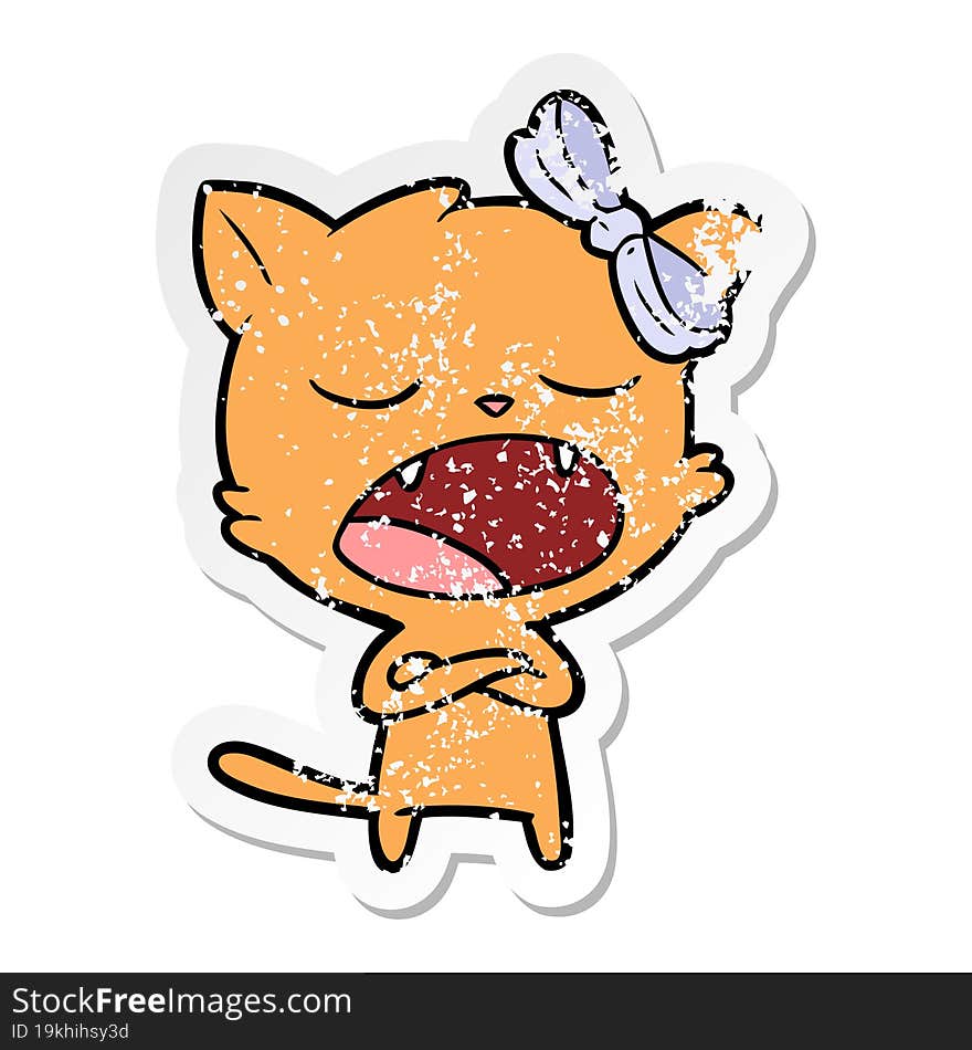 distressed sticker of a cartoon yawning cat