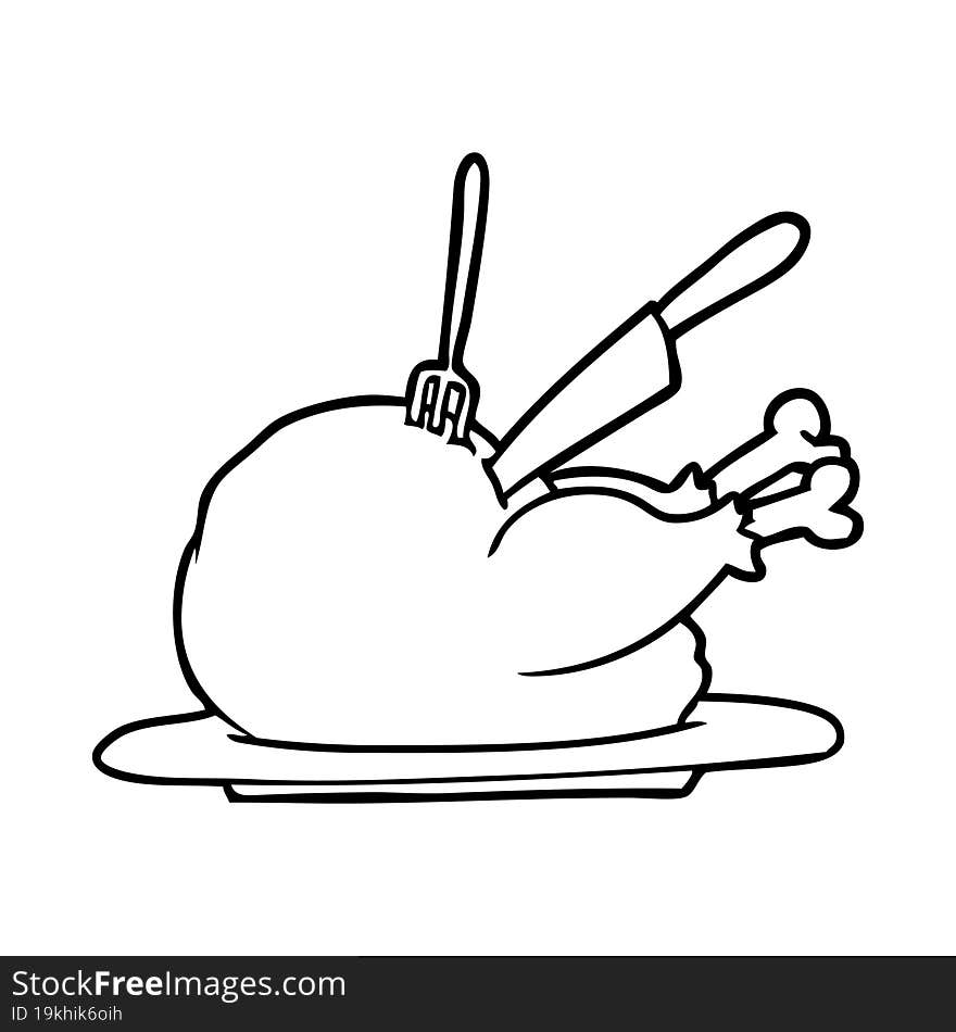 line drawing of a cooked turkey being carved. line drawing of a cooked turkey being carved