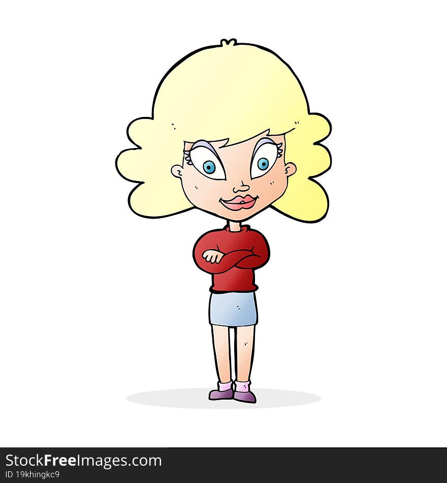 Cartoon Happy Woman With Folded Arms