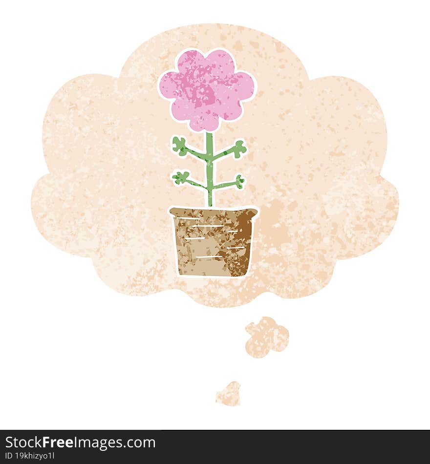 Cute Cartoon Flower And Thought Bubble In Retro Textured Style