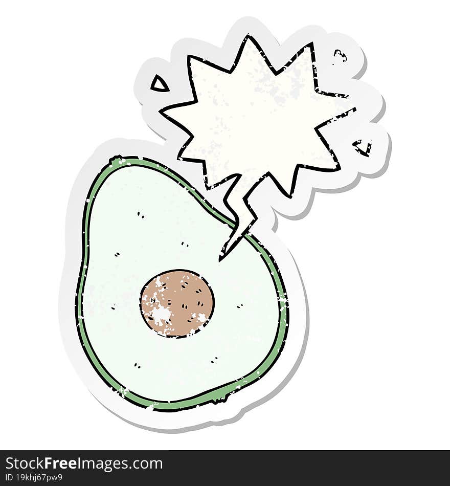 cartoon avocado with speech bubble distressed distressed old sticker. cartoon avocado with speech bubble distressed distressed old sticker