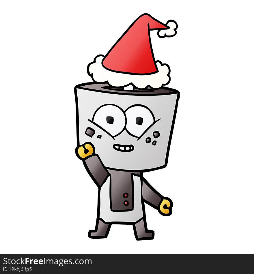 happy gradient cartoon of a robot waving hello wearing santa hat