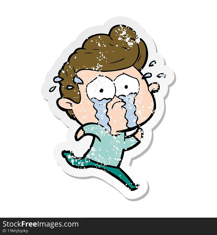 distressed sticker of a cartoon crying man running