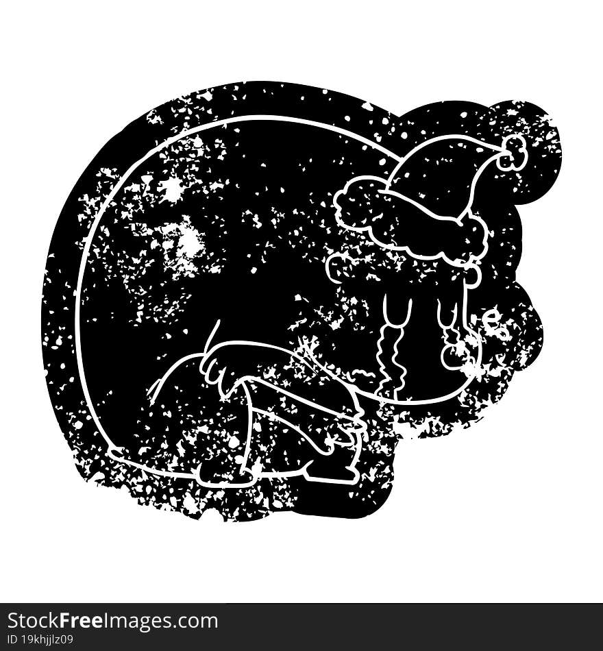 crying cartoon distressed icon of a polar bear wearing santa hat