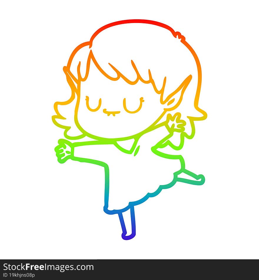 rainbow gradient line drawing of a happy cartoon elf girl wearing dress