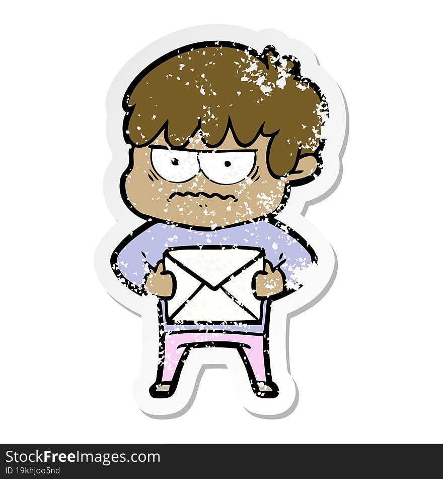 distressed sticker of a annoyed cartoon boy