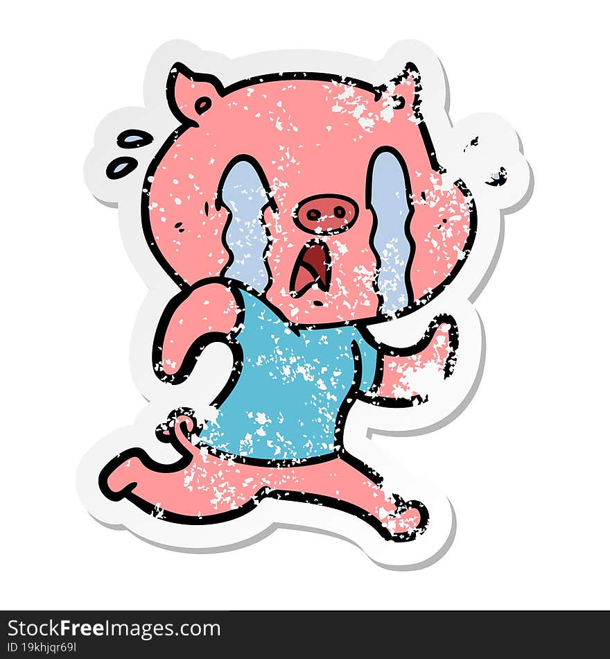 distressed sticker of a crying pig cartoon