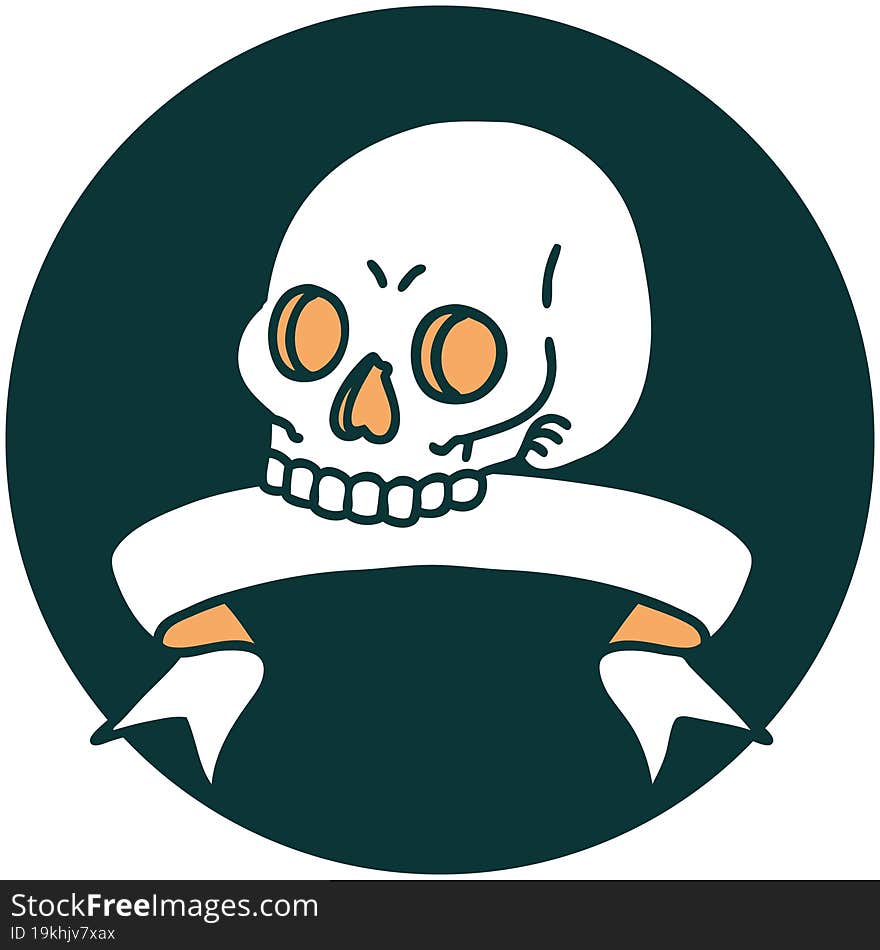 tattoo style icon with banner of a skull