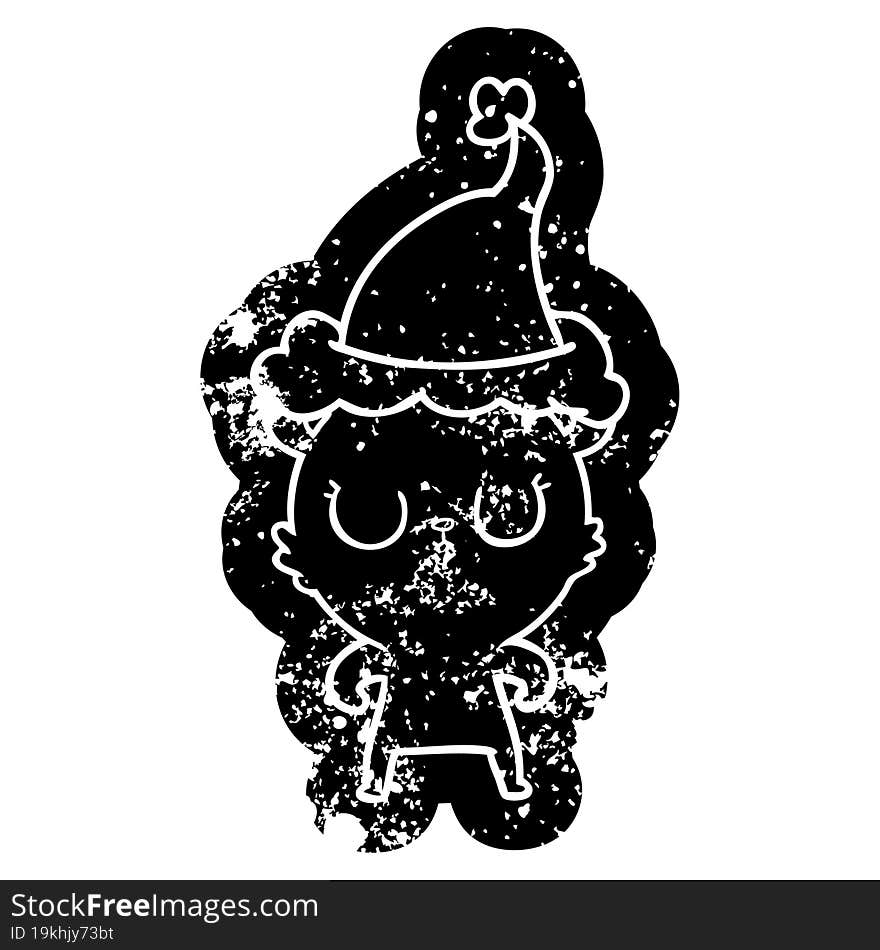 peaceful cartoon distressed icon of a bear wearing santa hat