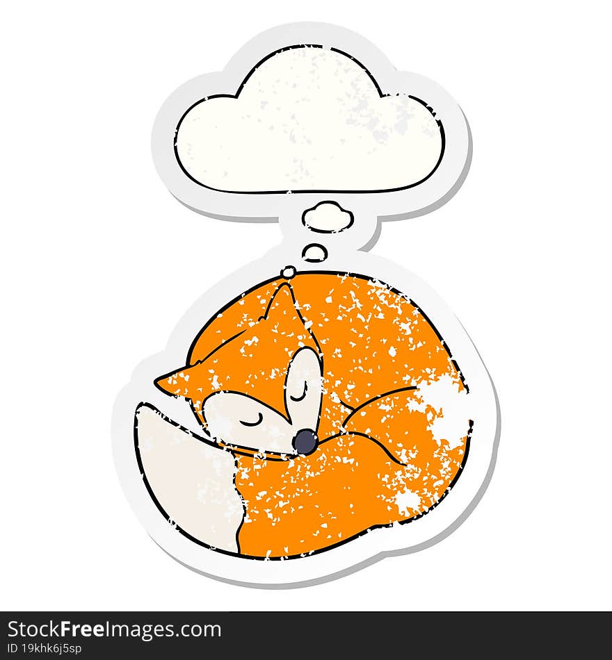 cartoon sleeping fox with thought bubble as a distressed worn sticker