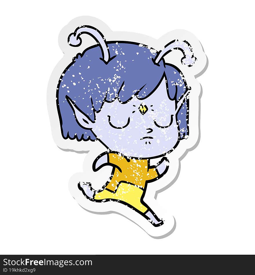 distressed sticker of a cartoon alien girl