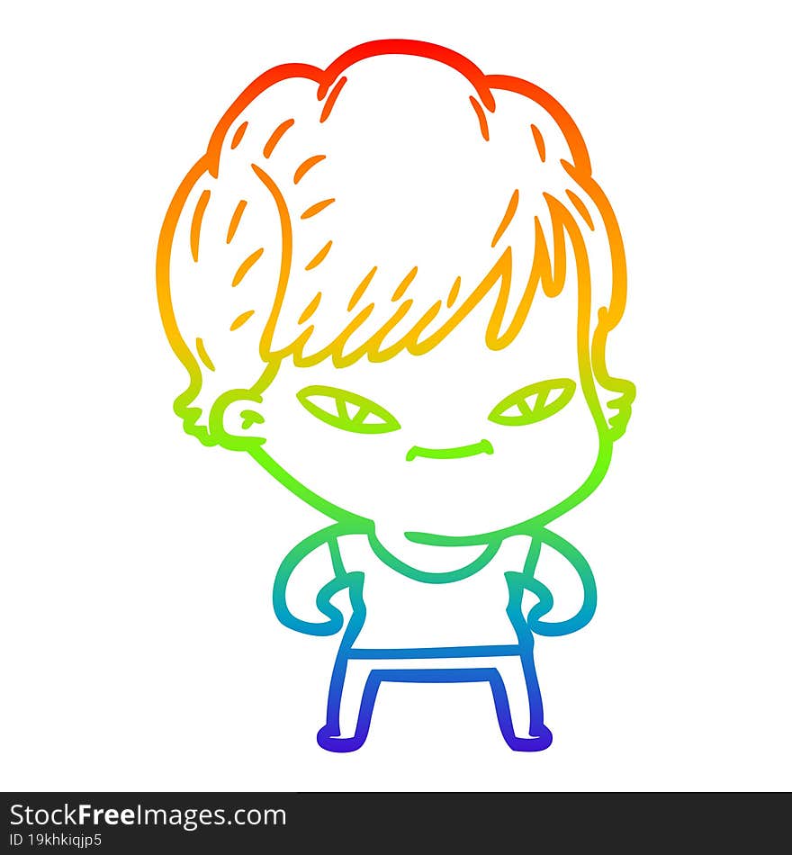 rainbow gradient line drawing of a cartoon happy woman