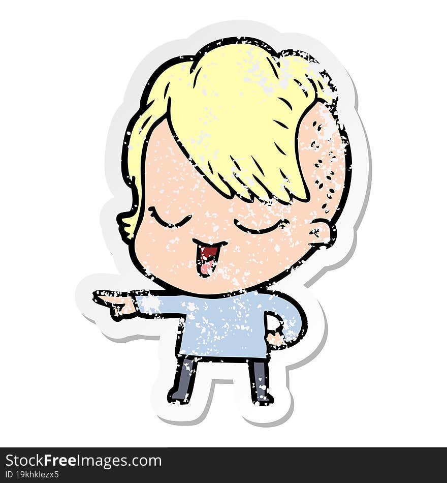 distressed sticker of a happy cartoon girl pointing