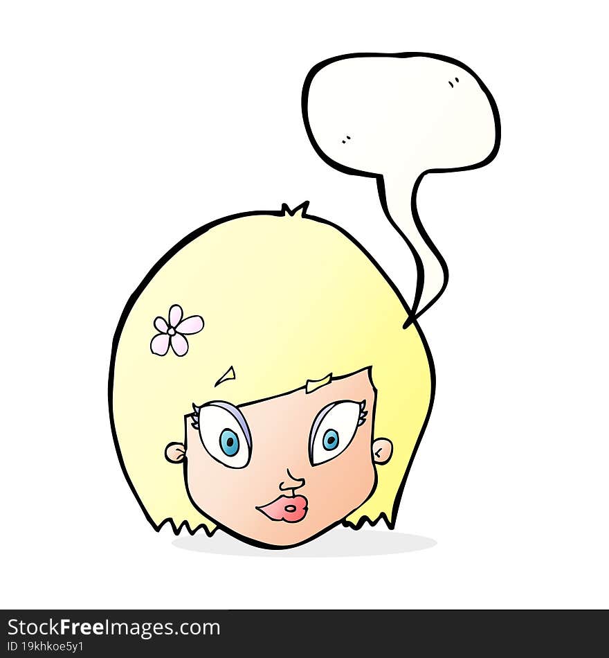 cartoon happy female face with speech bubble