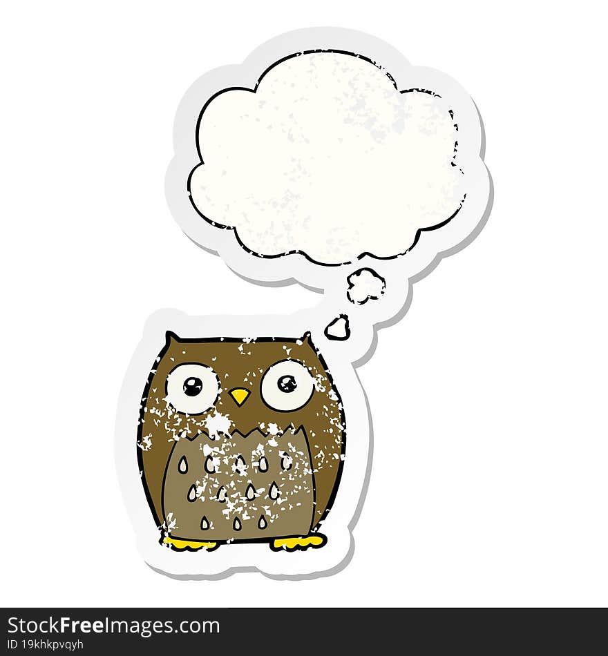 cartoon owl and thought bubble as a distressed worn sticker