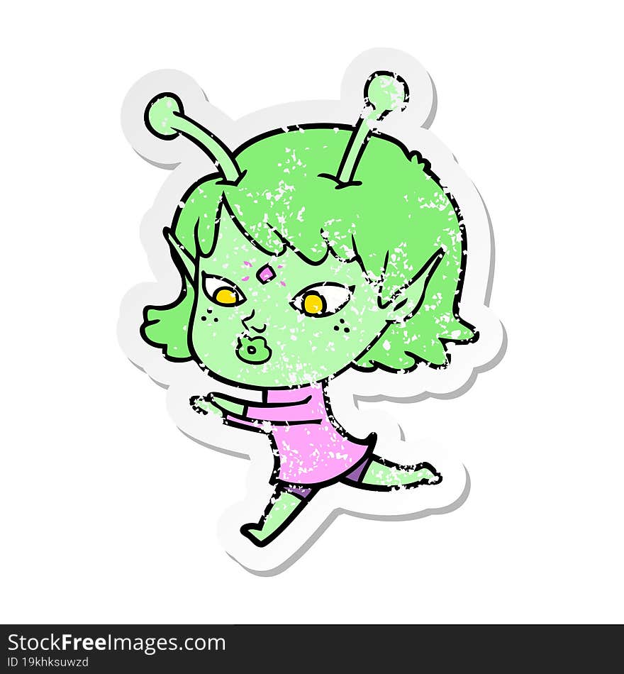 Distressed Sticker Of A Pretty Cartoon Alien Girl