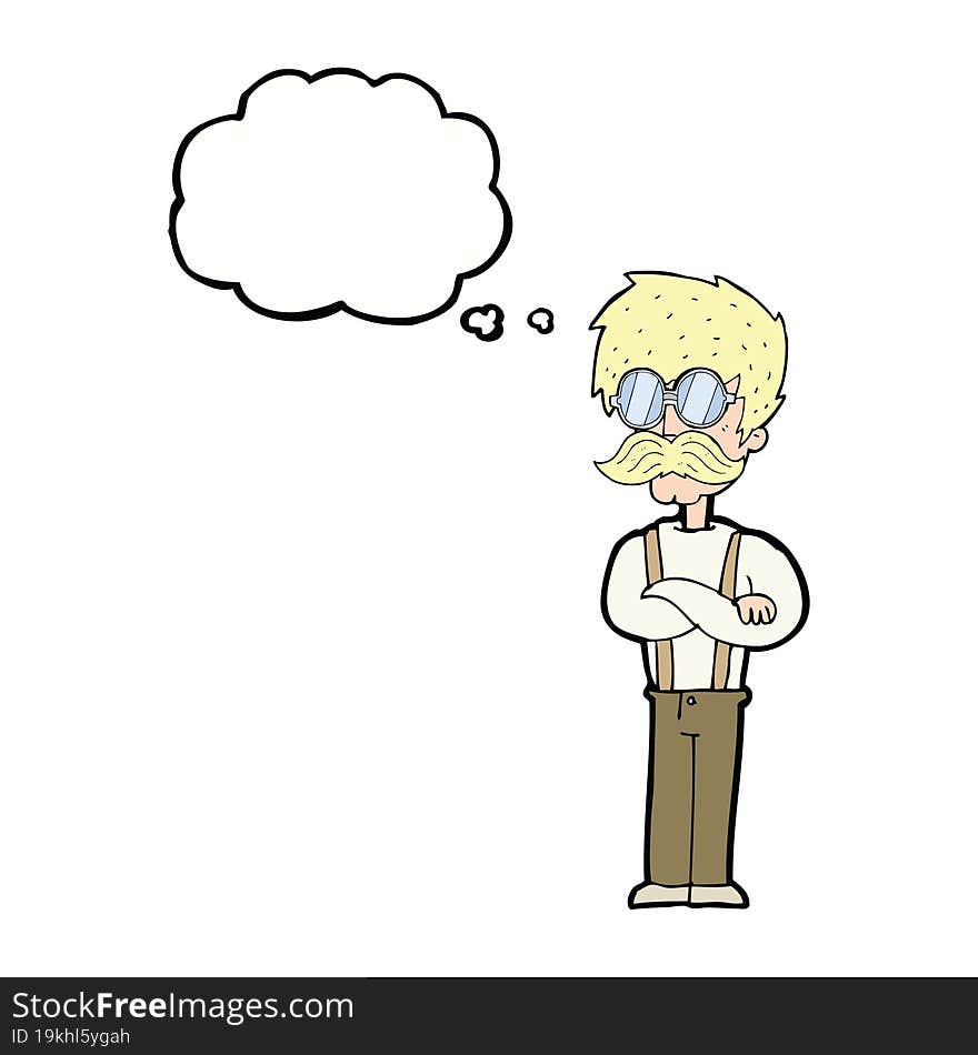 cartoon hipster man with mustache and spectacles with thought bubble