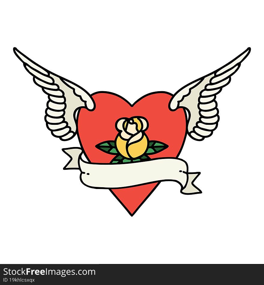 tattoo in traditional style of heart with wings a rose and banner. tattoo in traditional style of heart with wings a rose and banner