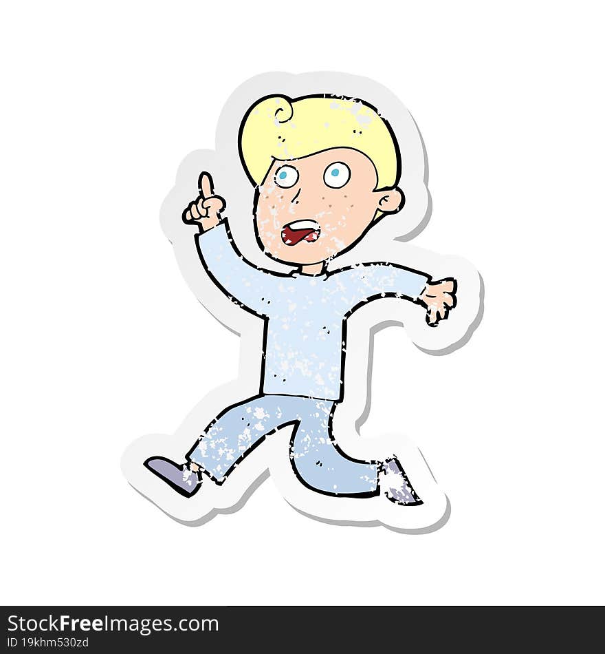 retro distressed sticker of a cartoon boy panicking