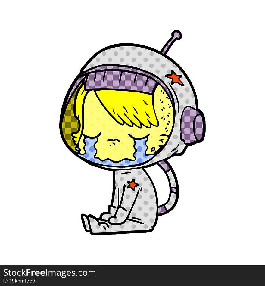 cartoon crying astronaut girl sitting. cartoon crying astronaut girl sitting