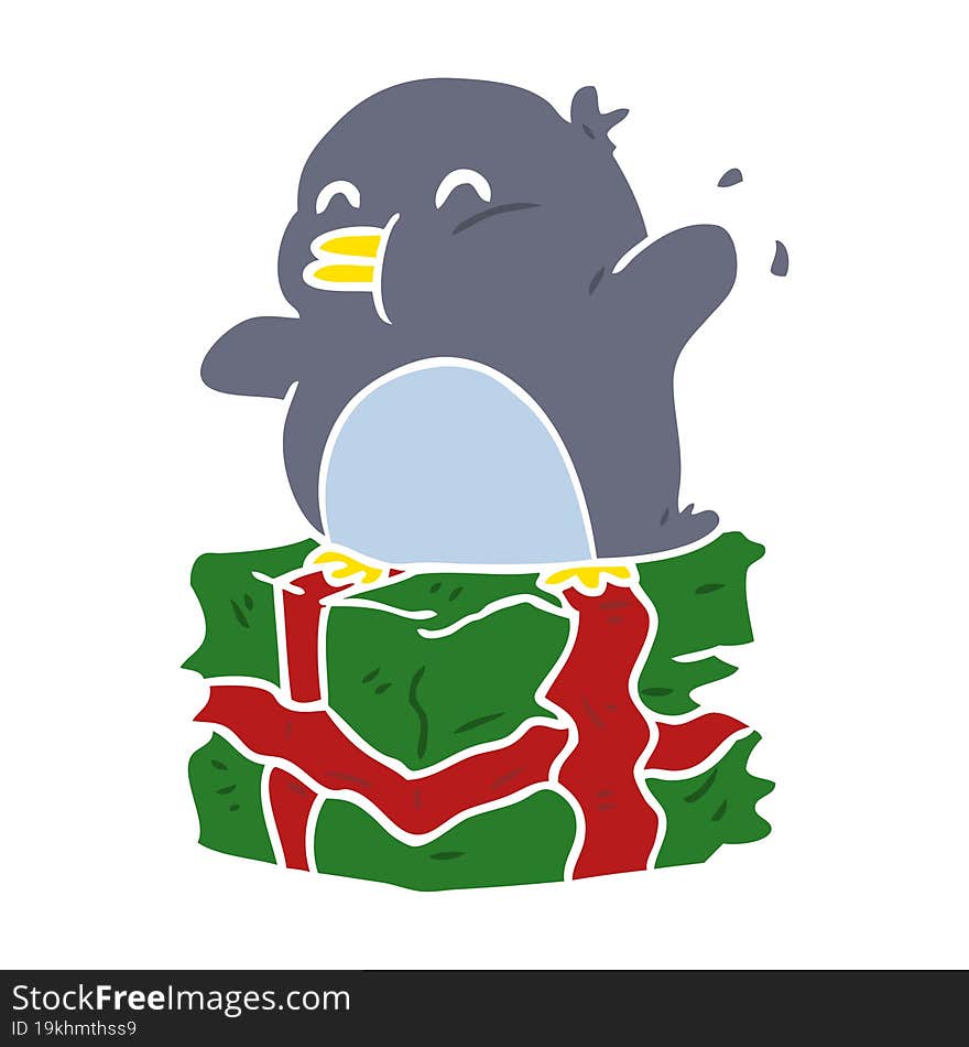 Flat Color Style Cartoon Penguin On Wrapped Present